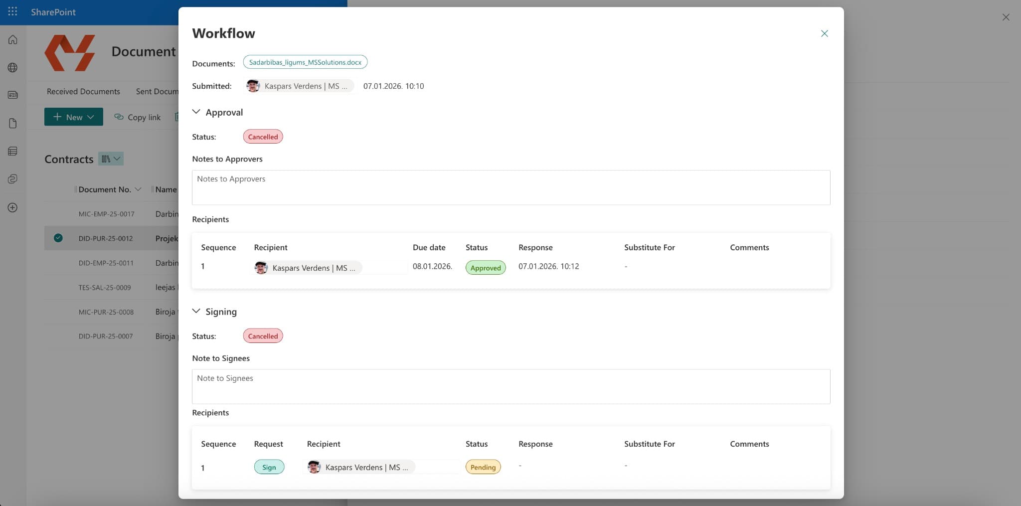 Darbplūsmas modulis ar apstiprināšanas soļiem un gaidošu parakstīšanu